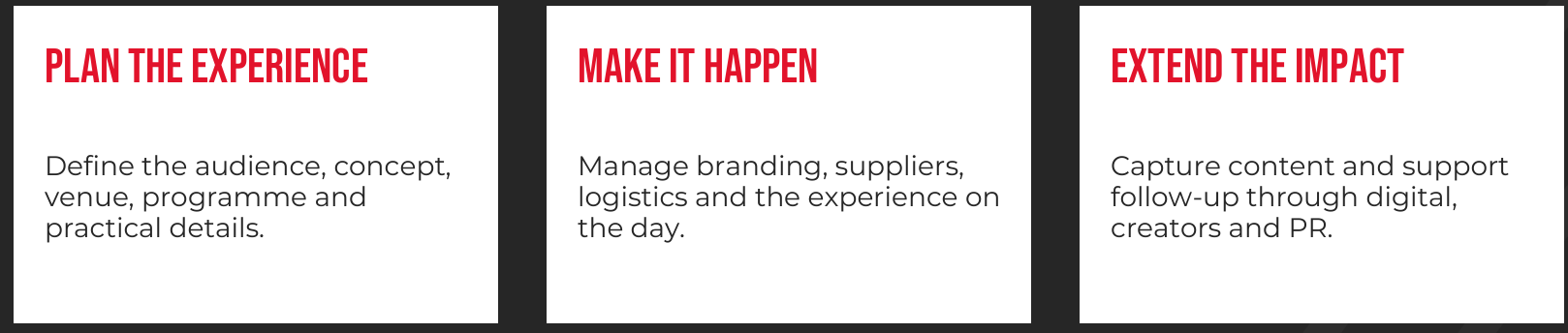 Plan the experience: audience, concept, venue and programme. Make it happen: branding, suppliers and logistics. Extend the impact: capture content and follow up through digital, creators and PR.