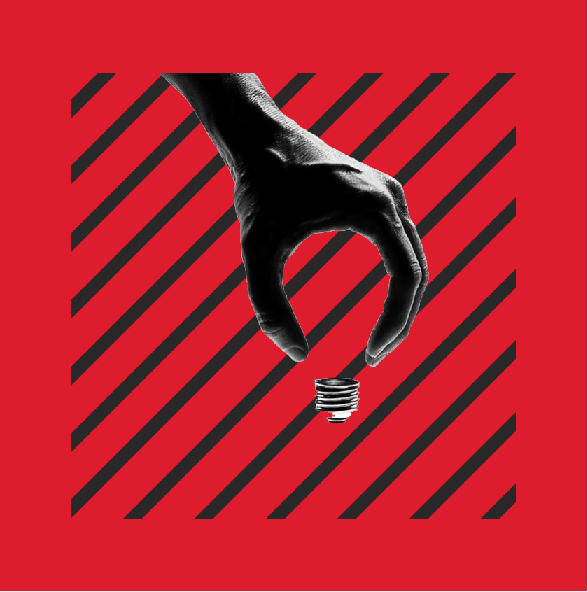 TEKQ creative concept: a hand holding a light bulb against the brand’s red and diagonal stripe graphic