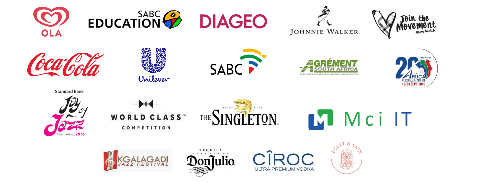 Client logos from the TEKQ company profile, including SABC Education, Diageo, Coca-Cola, Unilever, Standard Bank Joy of Jazz, Johnnie Walker, Ciroc and Don Julio