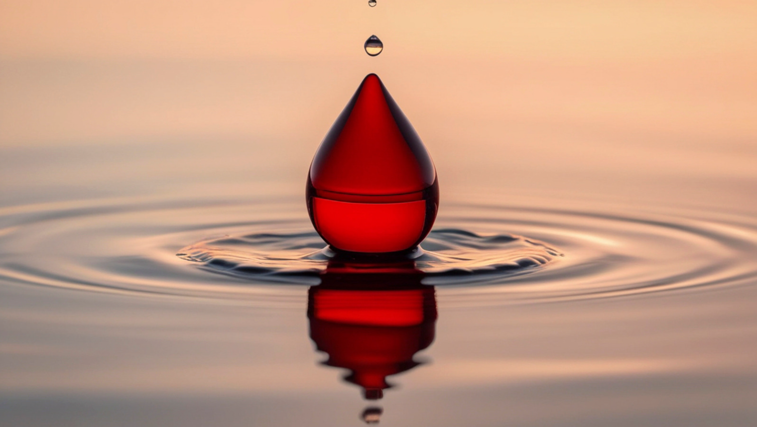 A red drop creating ripples across water